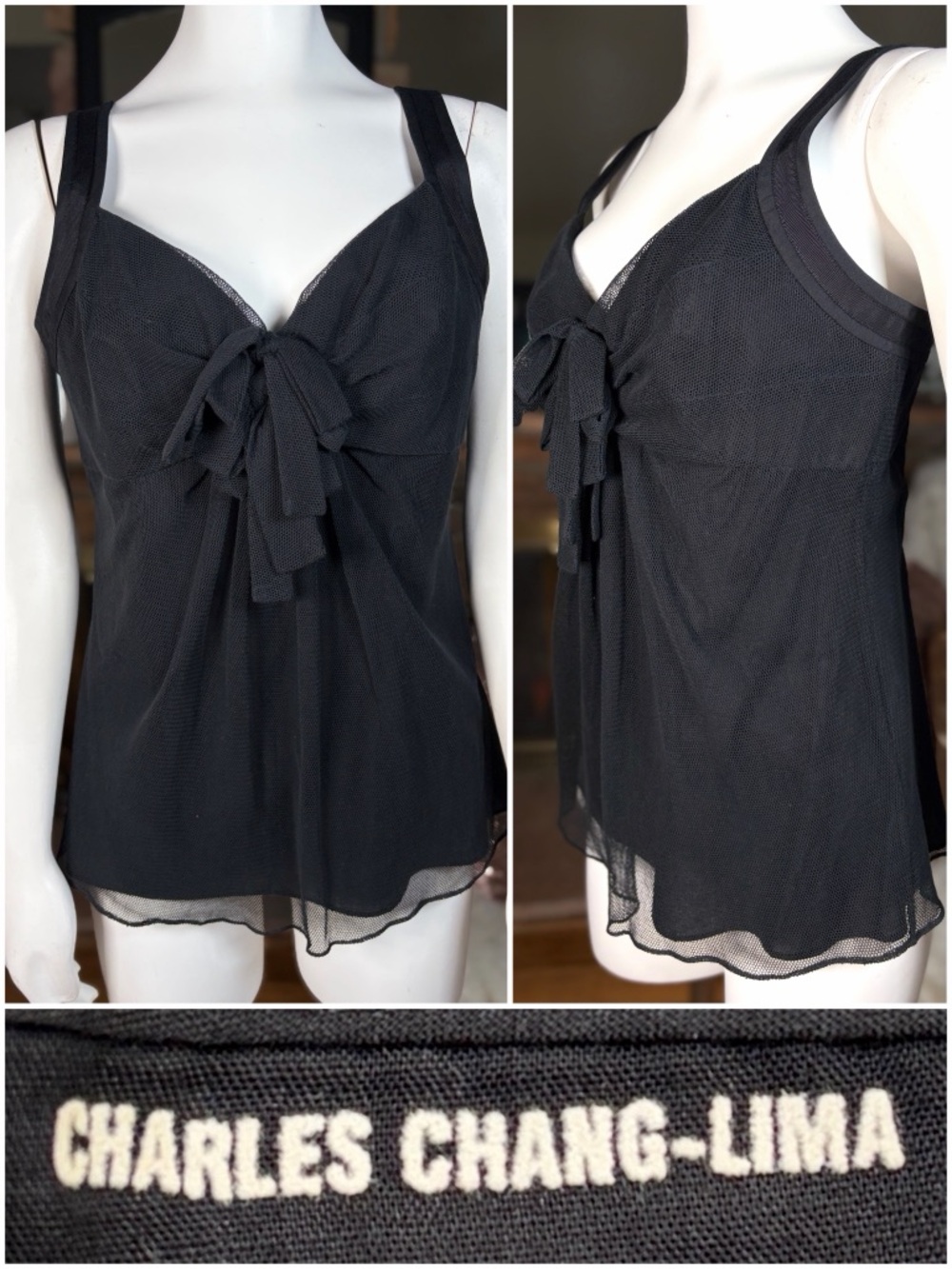 Charles Chang Lima Black Cotton Tulle 2-Layer Sleeveless Vneck Top, Sz 10